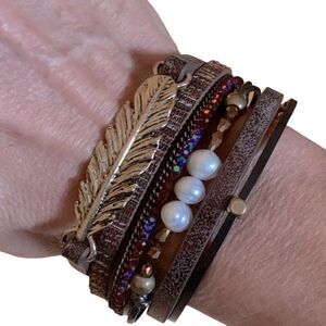 Seascape Serenity Brown Boho Cuff Bracelet - Real Cultured Pearls & Leaf Charm